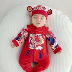 Chinese Style Hanfu Baby Cosplay, 100 Days, Red Suits with Hat, 3 months